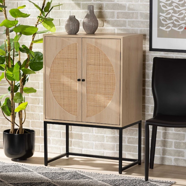 Baxton Studio Ardon Bohemian Light Brown Finished Wood and Black Metal 2-Door Storage Cabinet with Natural Rattan 196-12077-ZORO - main